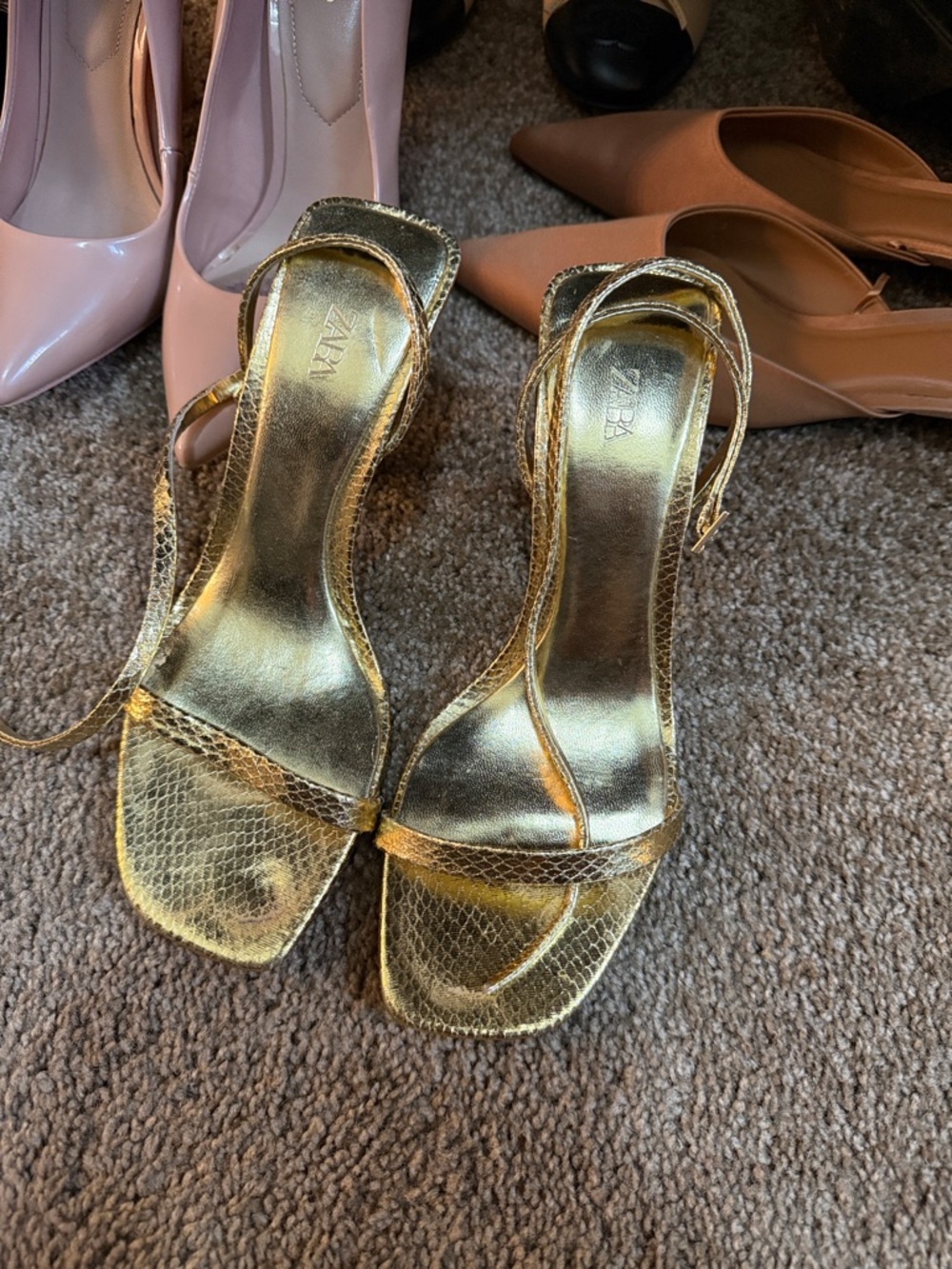 Zara Metallic Gold Strappy Heeled Sandals